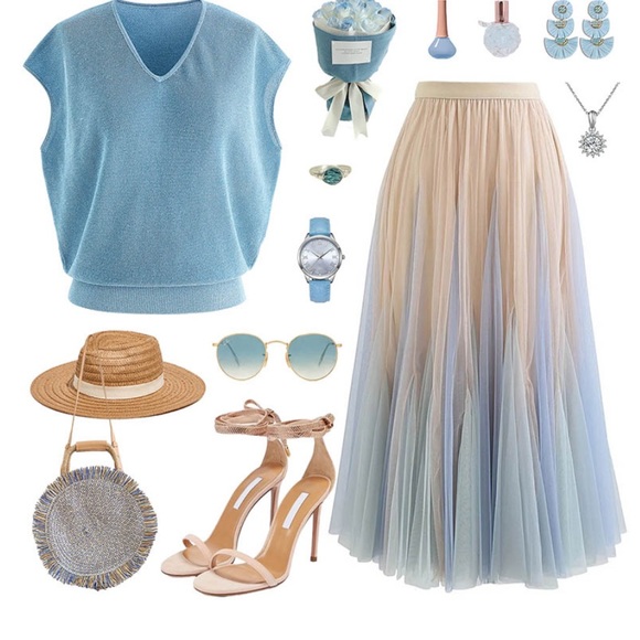 COLOR BLOCK PANELLED MESH FRILLING MAXI SKIRT IN APRICOT small/medium - Picture 5 of 16